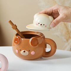 卡通大头熊陶瓷马克杯带盖吸管可爱女生高颜值水杯办公室家用杯子