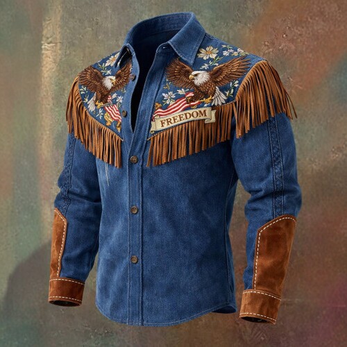 Western Cowboy Fringe Shirt Men's Retro Slim-Fit Long-Sleeve Jacket Foreign Trade Cross-Border Trendy Men's Jacket