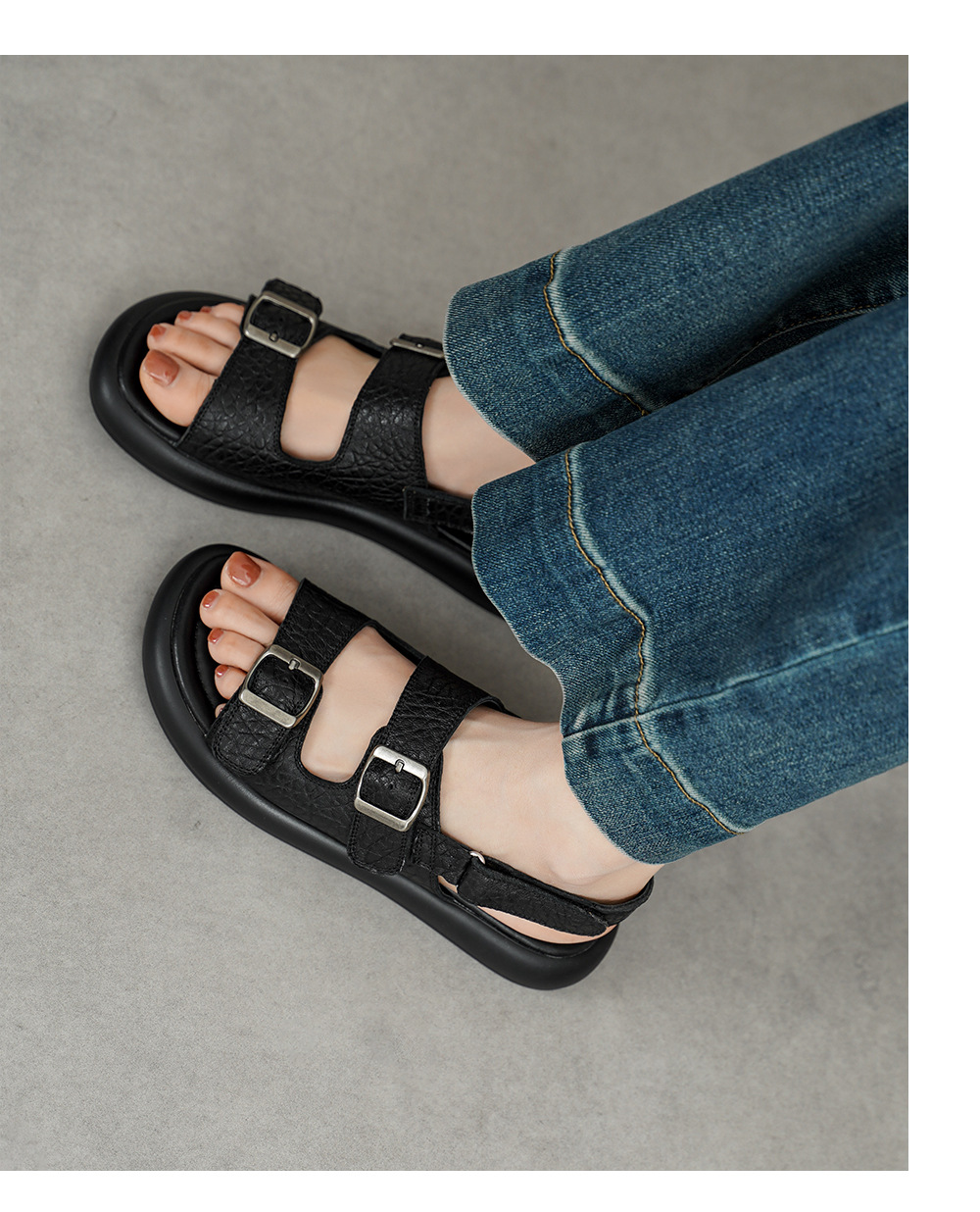 Sandal nữ quai ngang đế bệt da cừu lộ ngón chân phong cách đơn giản — đen chi tiết 7