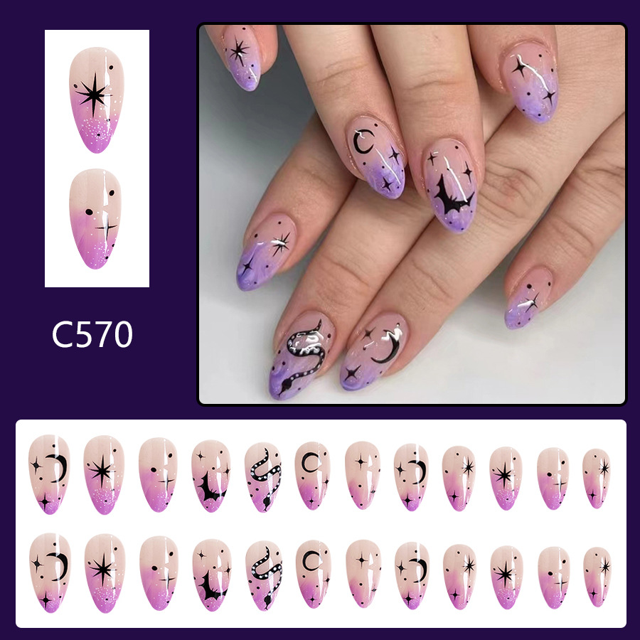 Almond Shape False Nails Black Bat Moon Star Halloween Design_voghion.com