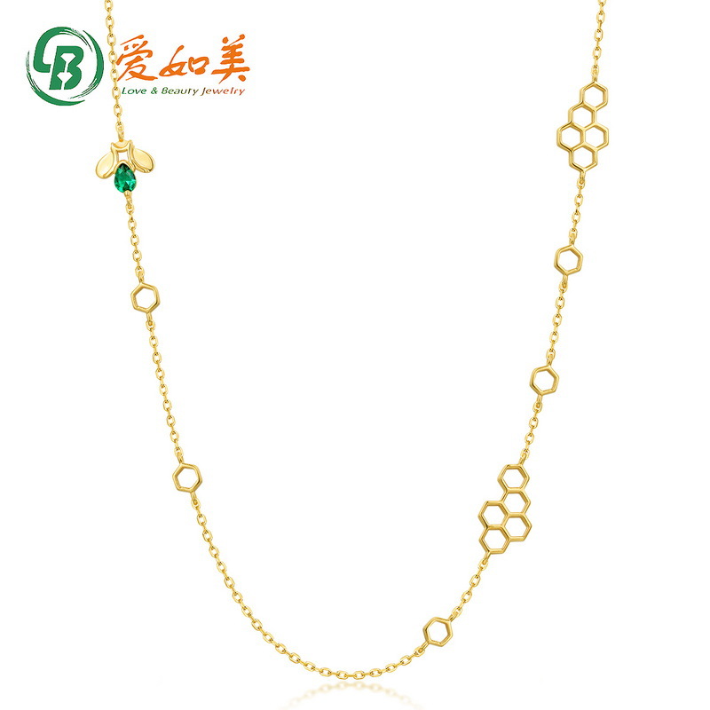Summer Nano Green Zirconium Bee Necklace Women's S925 Silver Gold-plated Little Bee And Honeycomb Geometric Necklace