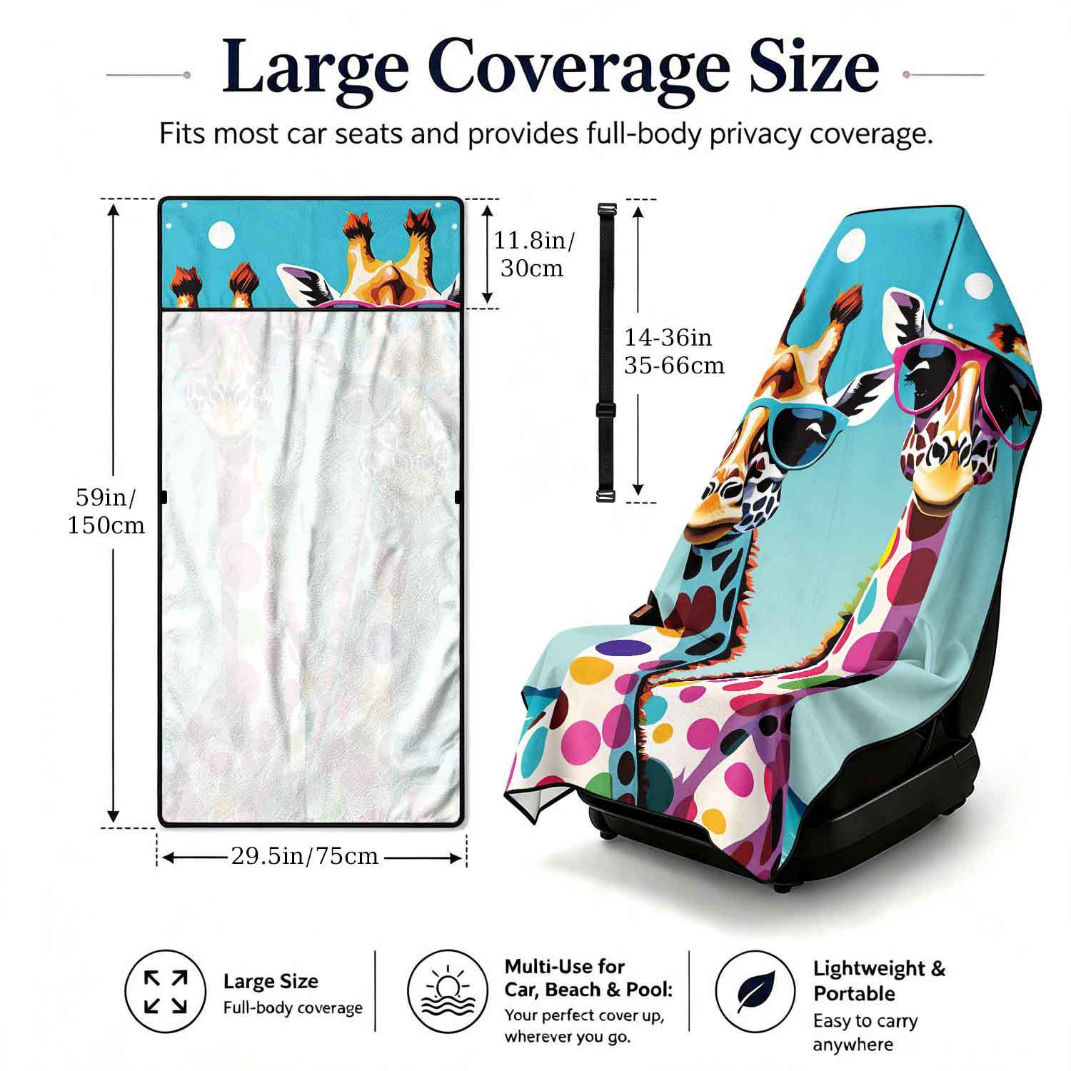 Printed bath towel and car seat cover 2-in-1, ultra-fine fiber outdoor beach and car dual-use universal seat cushion