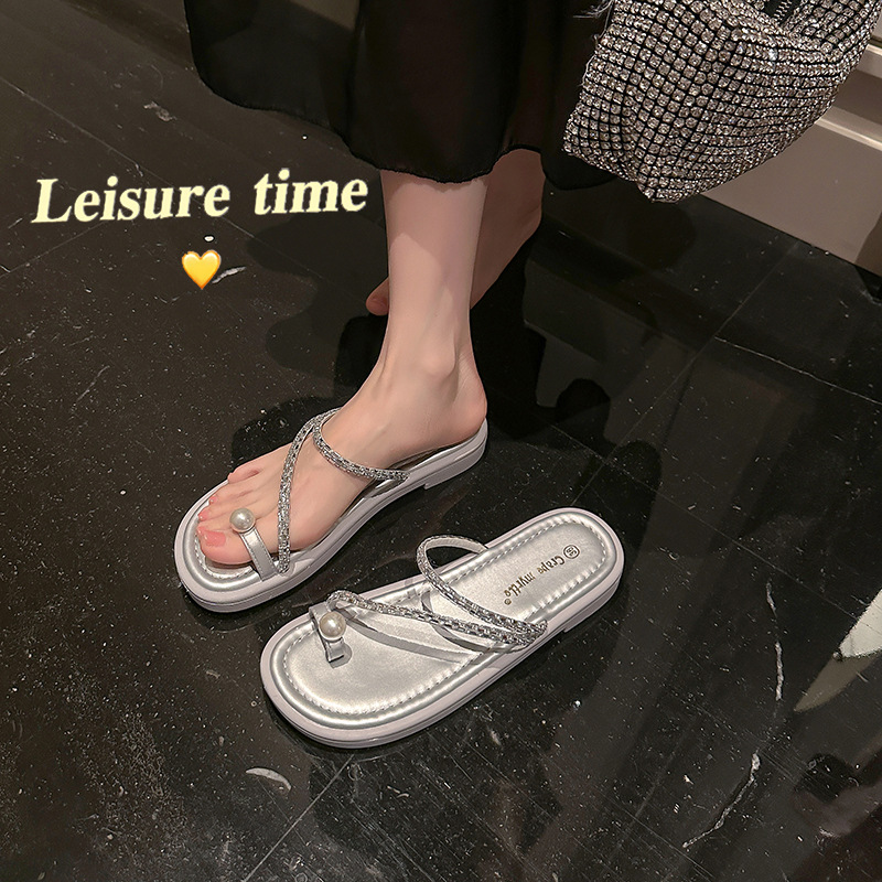 El mismo estilo de Su Yinyin, hojaldre de perlas, chanclas de perlas, sandalias de playa planas, zapatillas de mujer, verano