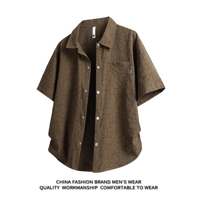 Short-Sleeved Seersucker Shirt Men's Summer Casual Lapel Short-Sleeved Shirt Trendy Brand Ins Handsome Half-Sleeved Large Size Jacket