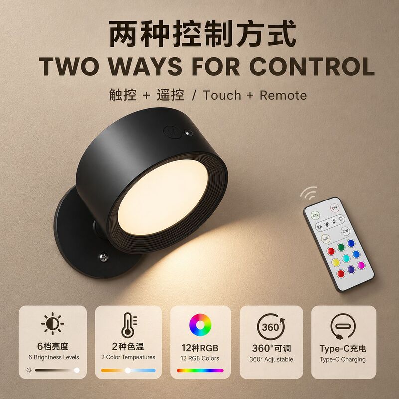 Led Wall-Mounted Light, 2 Pieces with Remote Control Wall Lamp, 3 Color Temperatures and Dimmable, Magnetic 360º Rotation, Model 2 Led Wall-Mounted Light, 2 Pieces with Remote Control Wall Lamp, 3 Color Temperatures and Dimmable, Magnetic 360º Rotation, Model 2