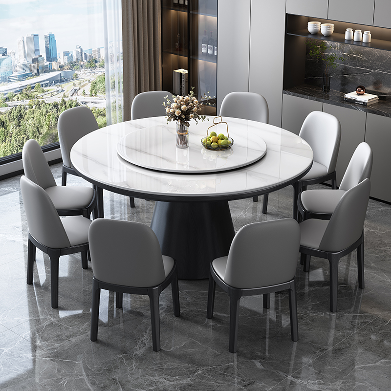 Light Luxury Rock Slab Dining Table and Chairs, Simple 5-Seater New Home Solid Wood Round Dining Table with Turntable, Large Round Table