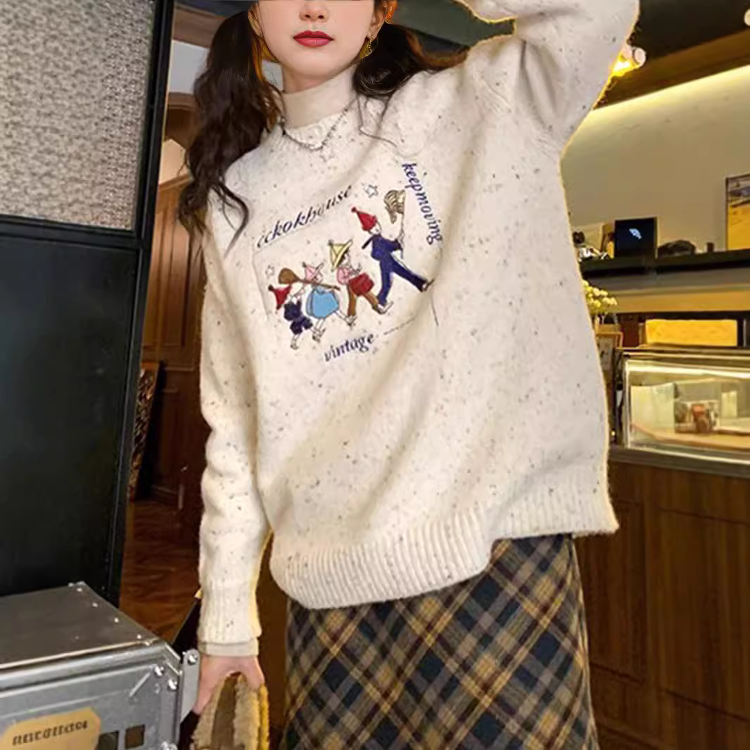圆领宽松卡通小人针织衫长袖打底衫2024秋冬新款毛衣套头女上衣
