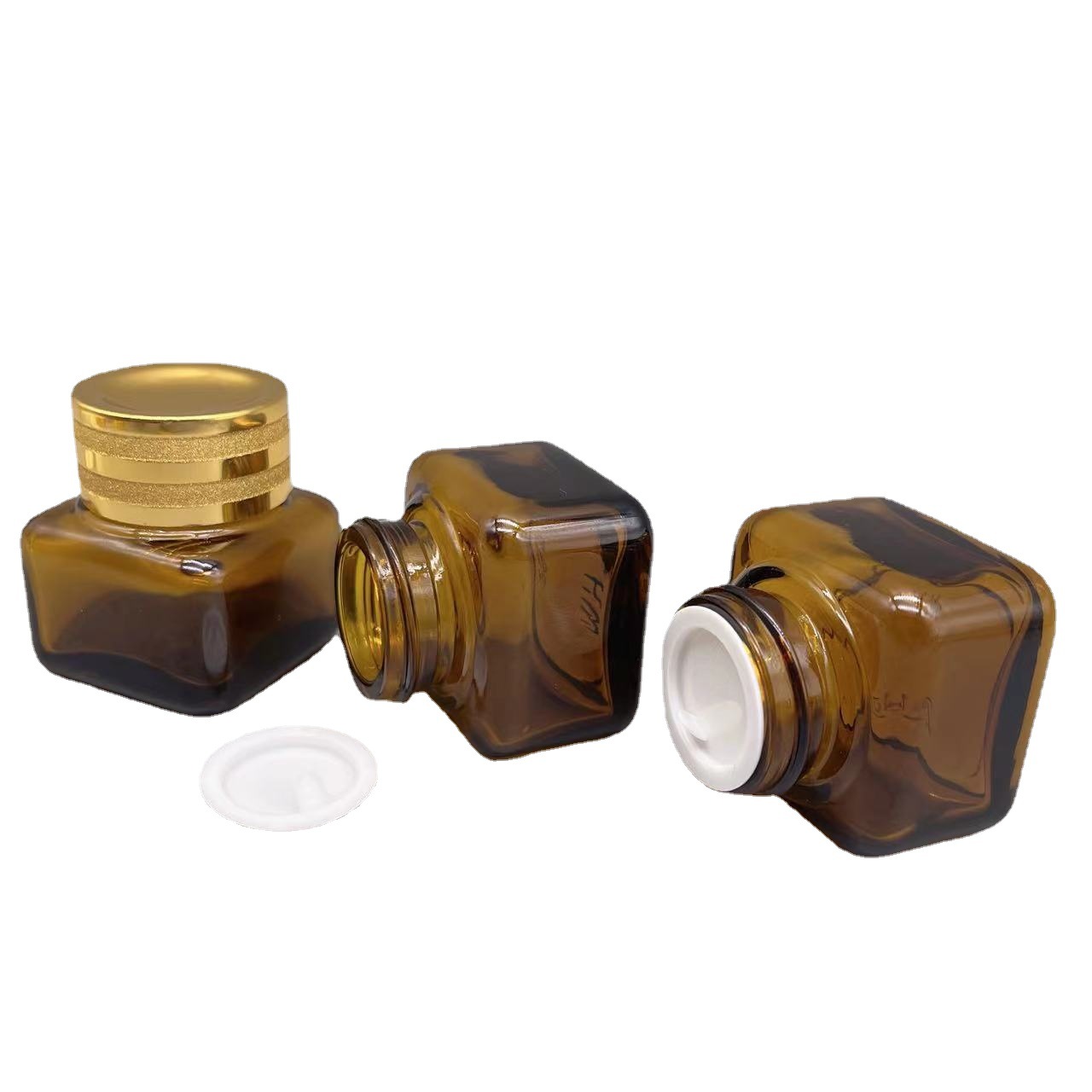 En stock suministro 15g Yashi mismo estilo marrón/transparente cuadrado ojo crema botella de vidrio de fondo grueso botella de vidrio cosméticos sub-embalaje