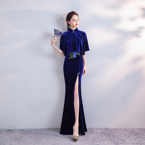 Royal blue velvet Chinese dress costumes long velvet high-end women cultivate morality improvement fishtail Chinese wind conference show thin qipao cheongsam dress