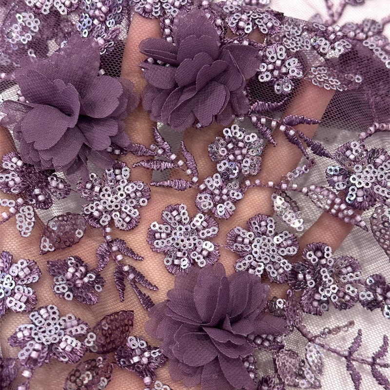 Bridal pura mano flor sequinilla tubo de perlas bordado tela de moda encaje vestido de boda vestido de tela