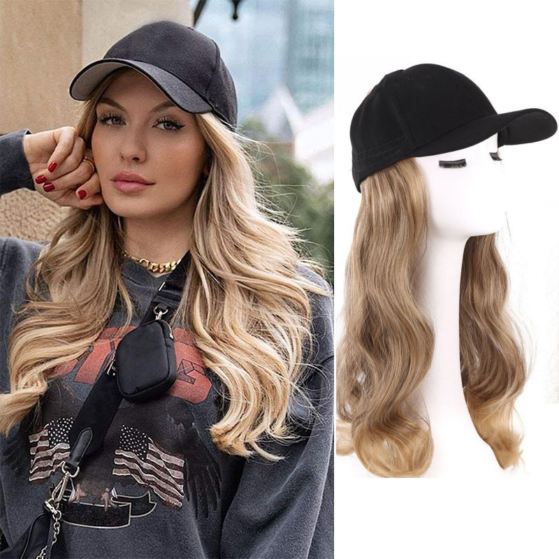 Foreign trade wig women's long hair big wave curly hair baseball hat with fake hair one female summer fashion full head cover