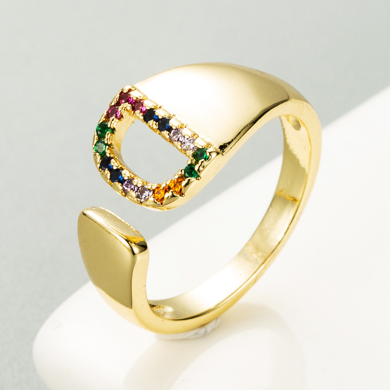 European And American Ring 26 English Letter Copper Gold-plated Inlaid Zircon Ring Opening Adjustable display picture 24