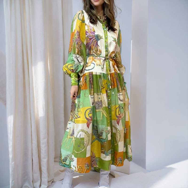 Women Clothing Vintage Printed Lantern Sleeve Waist Controlled Large Hem Dress