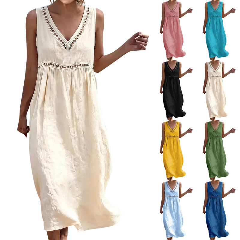 Amazon 2026 European and American Cross-Border Spring and Summer New Elegant Casual V-Neck Solid Color Women's Dress Amazon 2026 European and American Cross-Border Spring and Summer New Elegant Casual V-Neck Solid Color Women's Dress