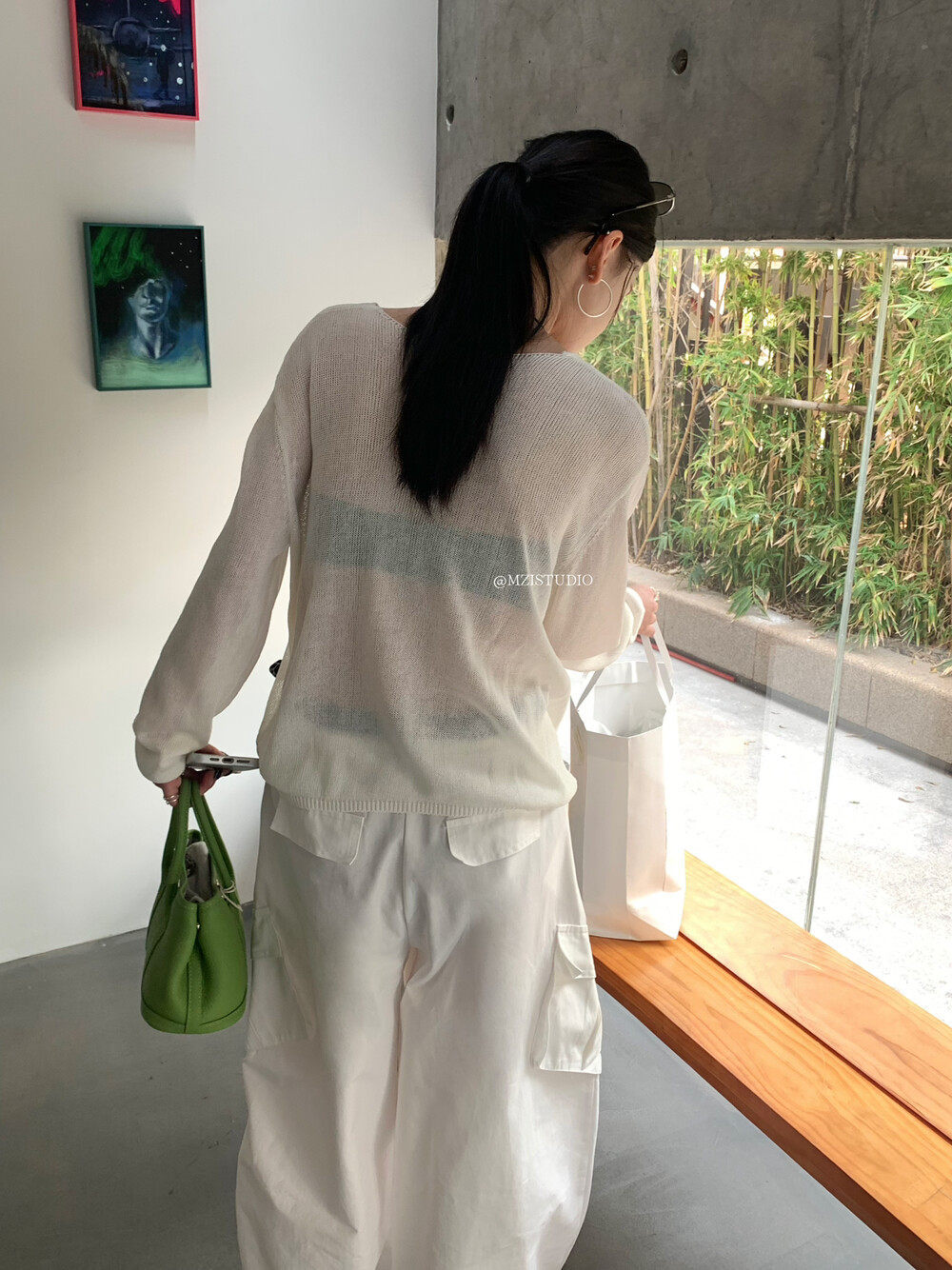 Áo len cổ lọ nữ MEI STUDIO thiết kế họa tiết rỗng, tay dài, dáng rộng, cổ V — Xanh cà phê, trắng ngà, xám nhạt, Hồng quế chi tiết 14