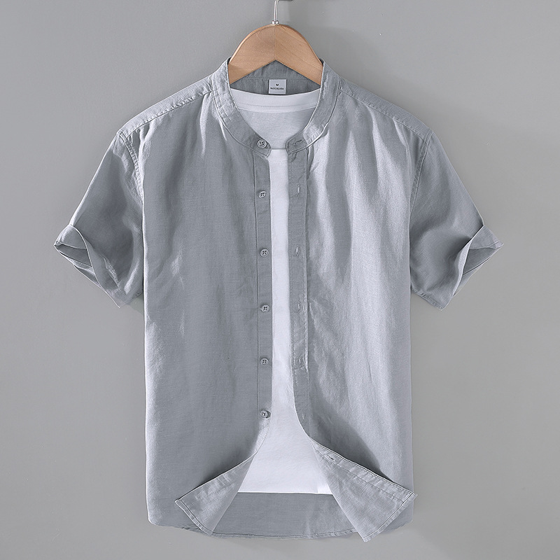 Camicia uomo maniche corte lino stile cinese collo alla coreana_voghion.com