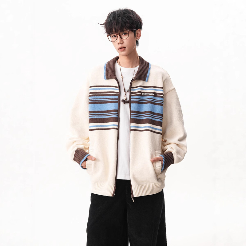 American-Style Striped Color-Block Cardigan Sweater Jacket for Men, Trendy New Loose College Style Couple Zipper Knit Top American-Style Striped Color-Block Cardigan Sweater Jacket for Men, Trendy New Loose College Style Couple Zipper Knit Top