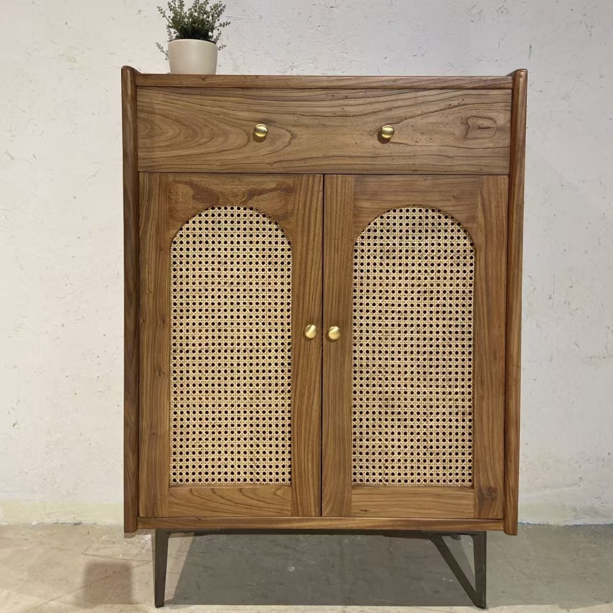 Medieval Style Rattan Shoe Cabinet Entrance Door Entrance Cabinet Home Door Wall Storage Cabinet Simple Old Elm Storage Cabinet