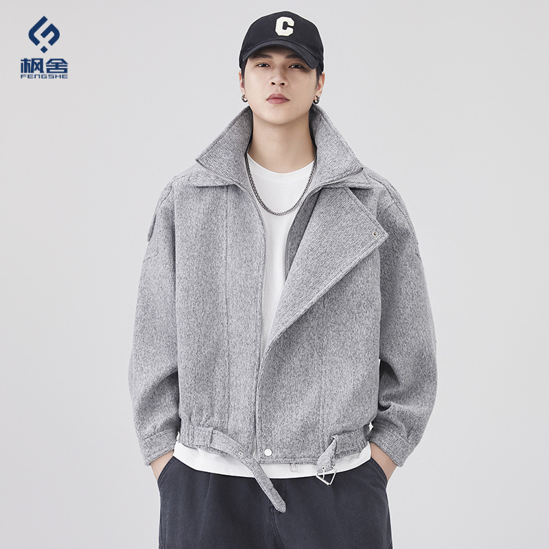 Fengshe Men's Clothing / Two-piece design short straight-shoulder jacket for men, spring and autumn style, stylish and casual woolen coat