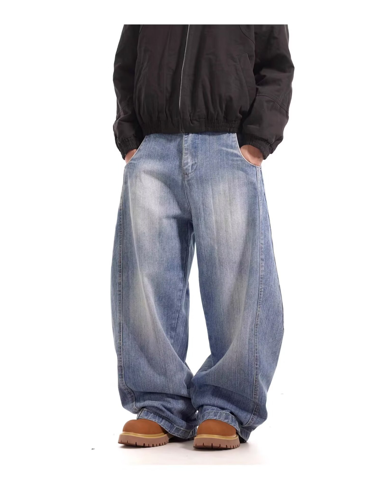 Unisex American Retro Washed Deconstructed Curved Jeans Loose Fitting Relaxed Style Wide Leg Slimming Casual Jeans_mkmklike.com