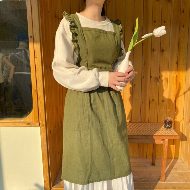 Logo Florist Home Cafe Art Flower Shop Ruffled Apron Linen Pure Color