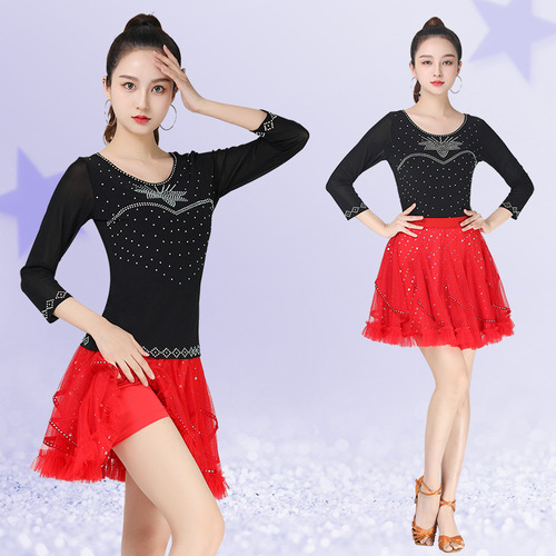 Square dance modern dance top new style women's diamond-encrusted round neck three-quarter sleeve top elegant dance Latin dance costume Jitterbug suit