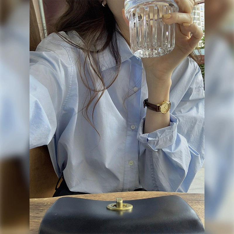 Ранняя весна 2025, новая синяя рубашка-рубашка, женская французская рубашка с длинными рукавами и внутренним слоем