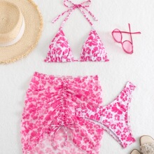 2025欧美新款泳衣比基尼三件套小胸聚拢泳装印花分体式泳衣女裙式