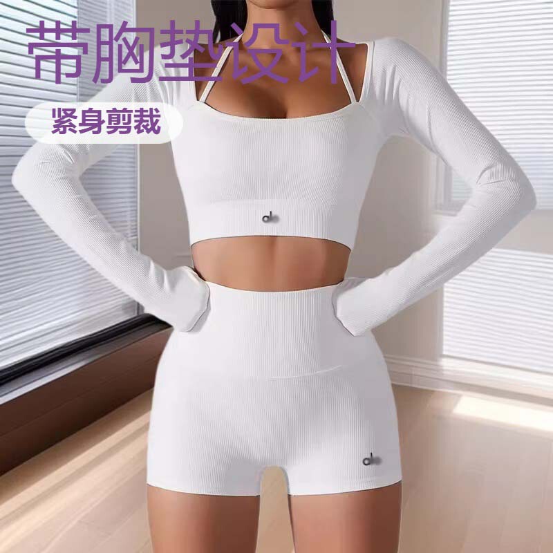 Summer Women's Yoga Shorts with Chest Pads, Long-Sleeve Yoga Top, Fashionable Trendy Brand Matching Training Outfit
