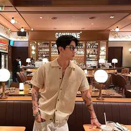 大码美式复古针织短袖衬衫男夏老钱风高级感半袖cleanfit衬衣外套