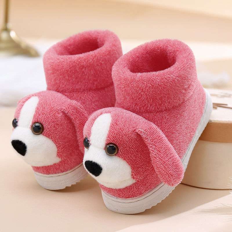 Winter Plush Cartoon Kidsren's Cotton Slippers with Heel Bag for Boys and Girls High-Top Cute Kidsren's Dog Cotton Shoes