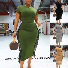 2023女装新款休闲T恤+流苏边包臀裙两件套 套装