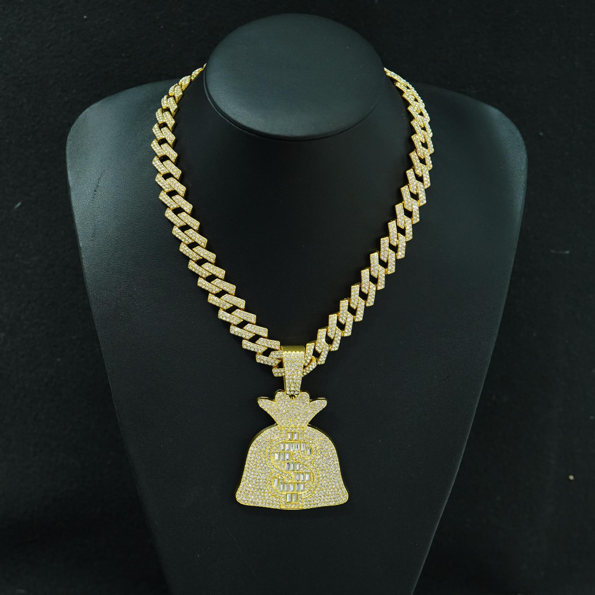 Collar con colgante de bolsa de dinero estilo hip-hop creativo europeo y americano, collar cubano unisex de doble capa con diamantes, personalizable. image 10