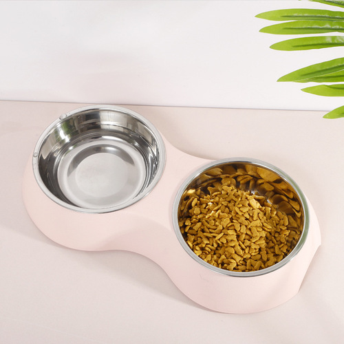 Pet Stainless Steel Double Bowl Dog Feeding Supplies Macaron Color Leather Texture Cat Bowl Oval Simple Double Bowl Wholesale