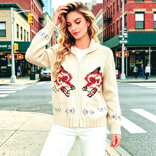 Vintage Double Wolf Jacquard Zipper Knit Cardigan for Women, Autumn/Winter Turn-Down Collar Loose Coat, Niche Lazy Style Sweater