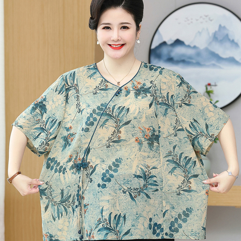 New Chinese Style Chiffon Short-Sleeve T-Shirt for Middle-Aged and Elderly Women, Suitable for 200-Pound Mothers, Covers the Belly, Half-Sleeve Top