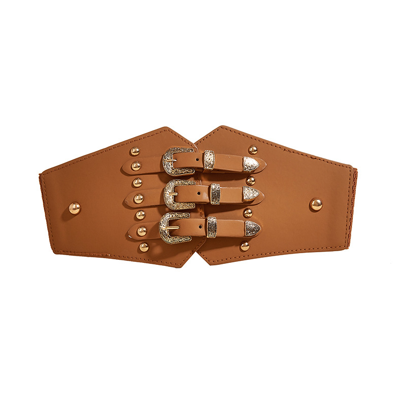 Three piece buckle waist seal with shirt decoration down jacket women's elastic rivet waist wide belt women's belt_voghion.com
