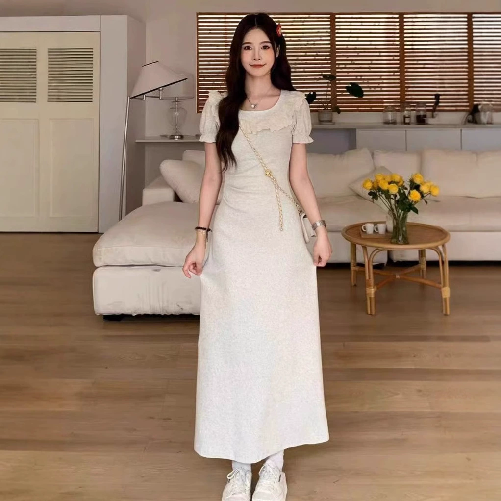 Французское кружевное сшитое платье с квадратным воротником женское лето нежная талия тонкая, бедра юбка короткая, женская длинная