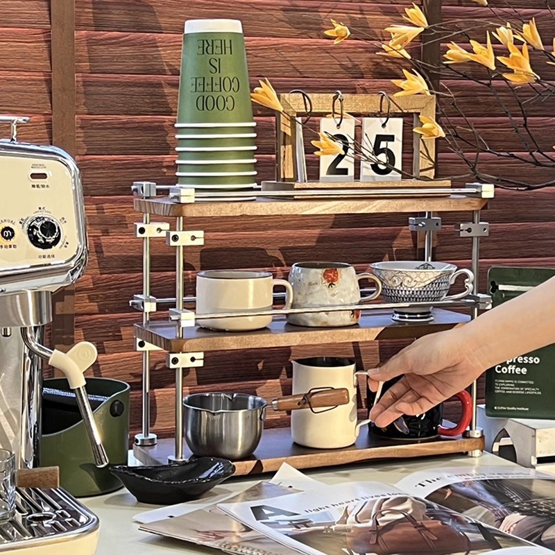 Taza de acero inoxidable de madera sólida Taza de café de esquina Estación de almacenamiento multicapa de tocador Perfume estante de escritorio