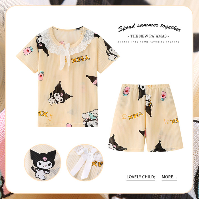 Pijamas de las niñas de verano de dibujos animados para niños de manga corta princesa estilo lindo Delgado medio y grande desgaste del hogar de los niños traje de encaje al por mayor