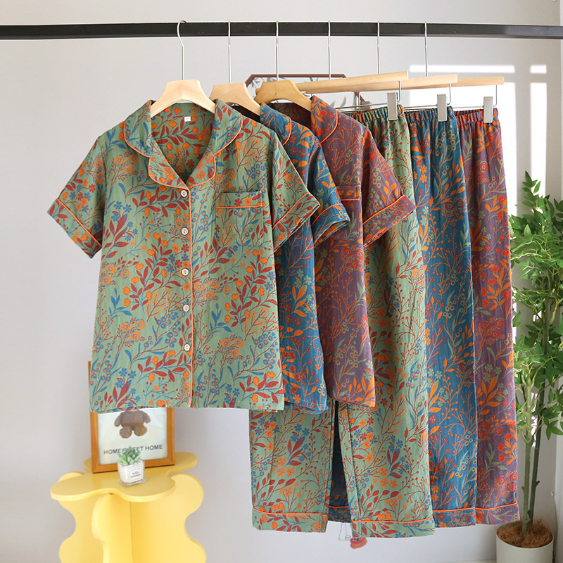 Women's Spring, Summer, and Autumn Jacquard Short-Sleeve Long-Pants Turn-Down Collar Loungewear Set, Pure Cotton Double-Layer Gauze Vintage Pajamas