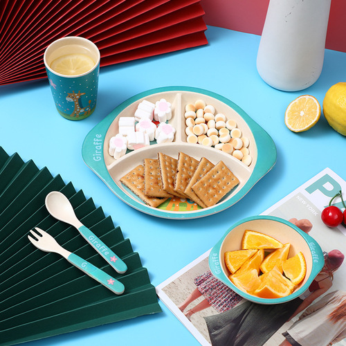 Set of 5 Bamboo Fiber Children's Tableware Cartoon Home Divided Plates Gift Cute Cups and Bowls Wholesale