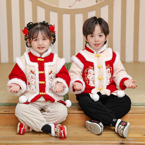 Winter boys' velvet New Year's clothing, New Year's clothing, children's suits, children's first-year New Year's clothing, girls' New Year's Day performance clothing