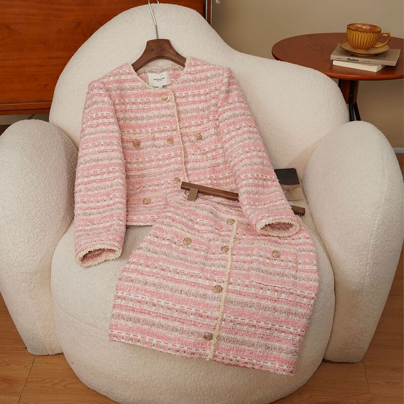 Anfei Oona's New Spring and Autumn French-Style Wool-Blend Tweed Pink Complexion-Enhancing Top and Skirt Set for Women, Fashionable