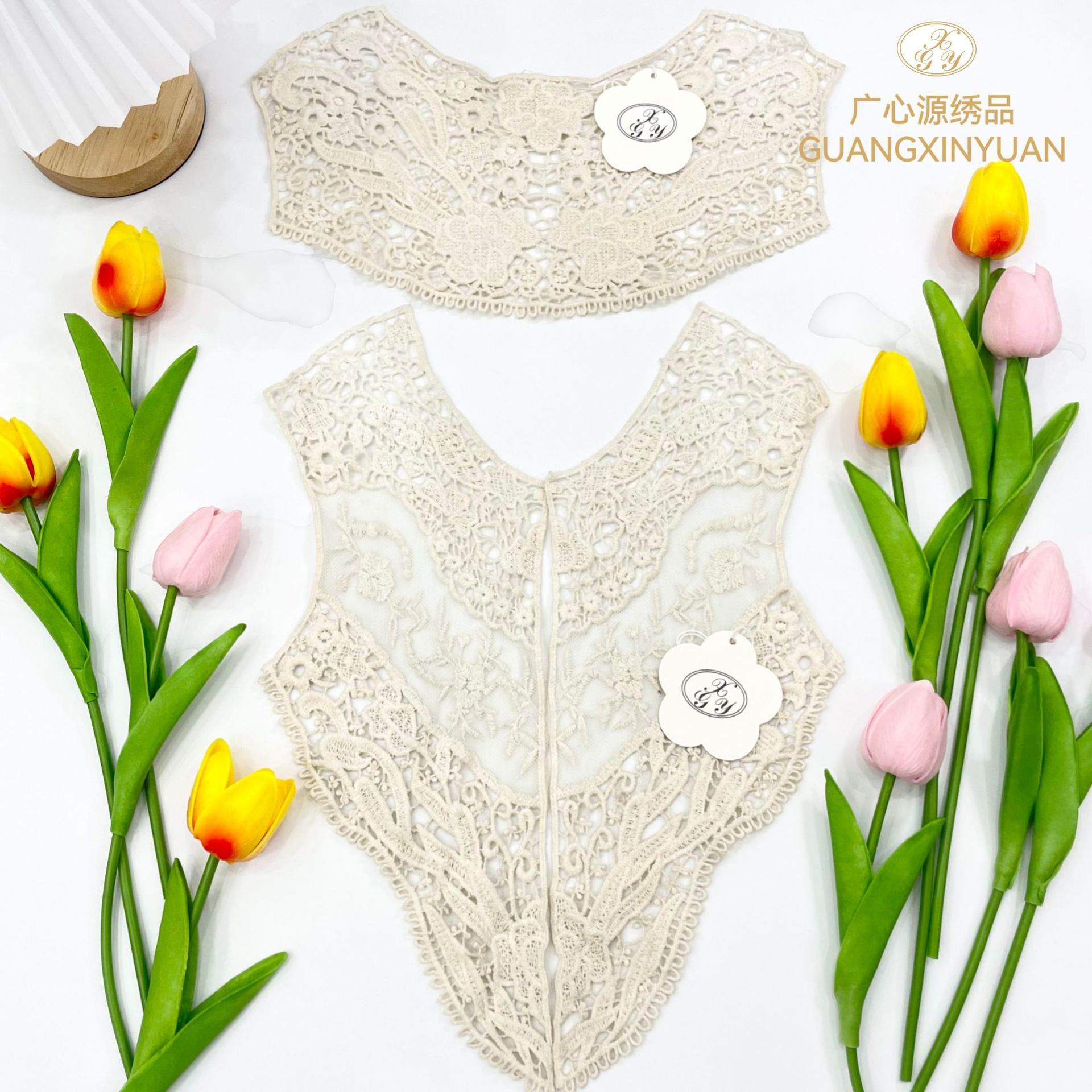 前后配套领花带网经典现货高品质纯棉复古水溶绣花广心源女装镂空