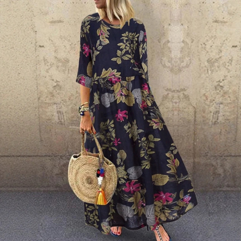 Cross-Border European and American Summer Plus-Size Women's Round-Neck Loose Printed Long Dress