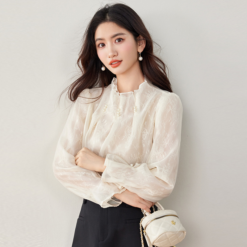 봄 2025 새로운 레이스베이스 쉬폰 셔츠 서양식 작은 셔츠