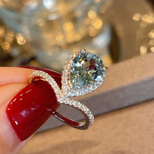 925纯银海蓝宝公主皇冠戒指女小众设计感蓝色托帕石梨形食指戒