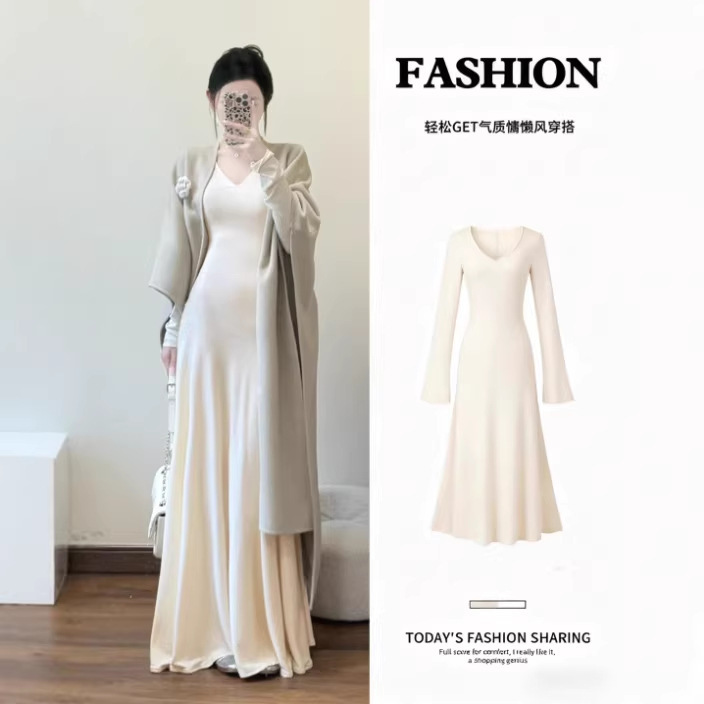 White Knitted Fleece-Lined Dress for Women, Suitable for Autumn and Winter, Slim-Fit Long Dress with Brushed Fabric, Berkeley Style, Thick White Knitted Fleece-Lined Dress for Women, Suitable for Autumn and Winter, Slim-Fit Long Dress with Brushed Fabric, Berkeley Style, Thick