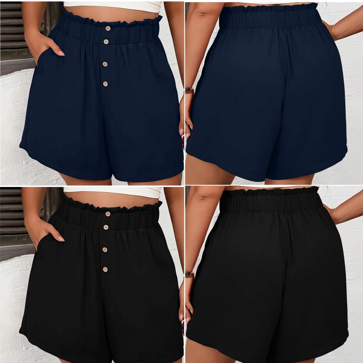 Amazon European and American Women's Shorts with Waist Button Decoration, Ruffle Design, Elastic Waist, Solid Color Casual Shorts